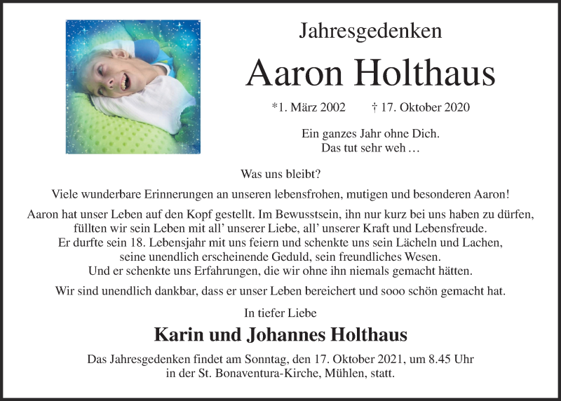  Traueranzeige für Aaron Holthaus vom 16.10.2021 aus OM-Medien