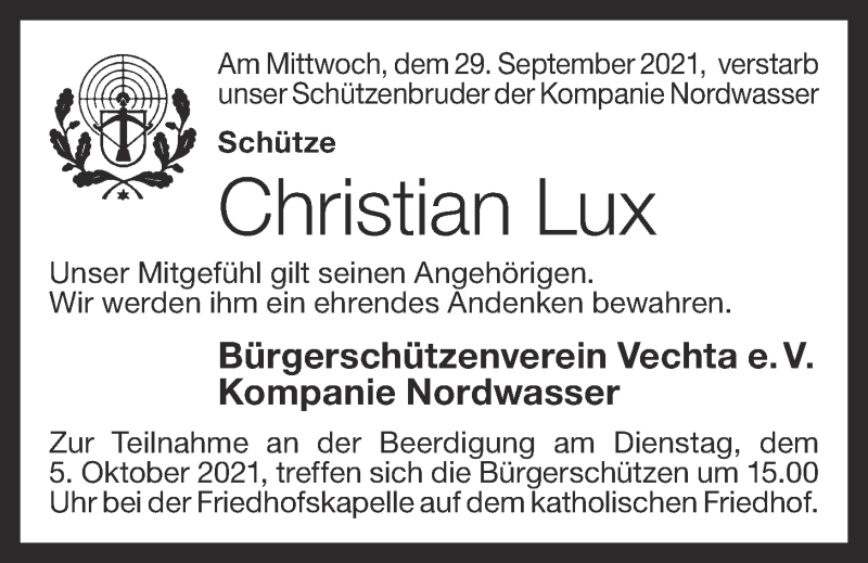  Traueranzeige für Christian Lux vom 05.10.2021 aus OM-Medien