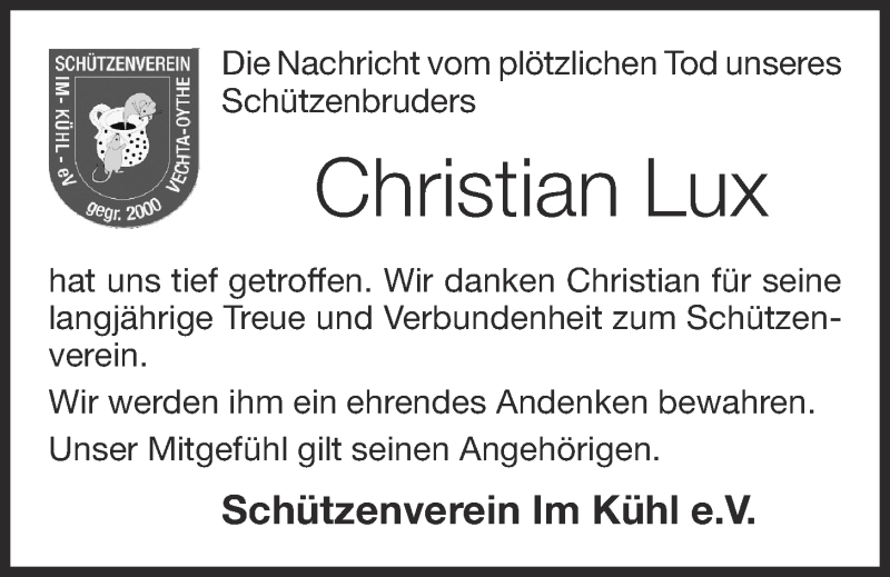  Traueranzeige für Christian Lux vom 02.10.2021 aus OM-Medien
