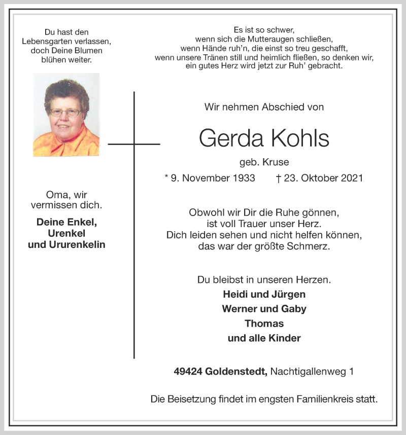  Traueranzeige für Gerda Kohls vom 25.10.2021 aus OM-Medien