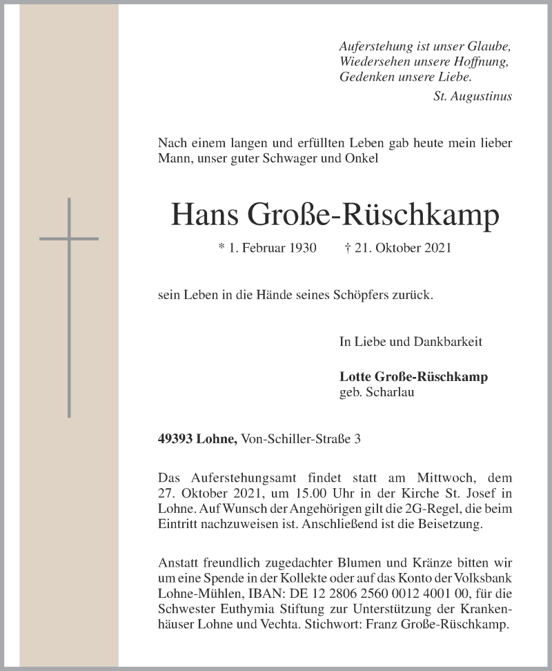  Traueranzeige für Hans Große-Rüschkamp vom 23.10.2021 aus OM-Medien