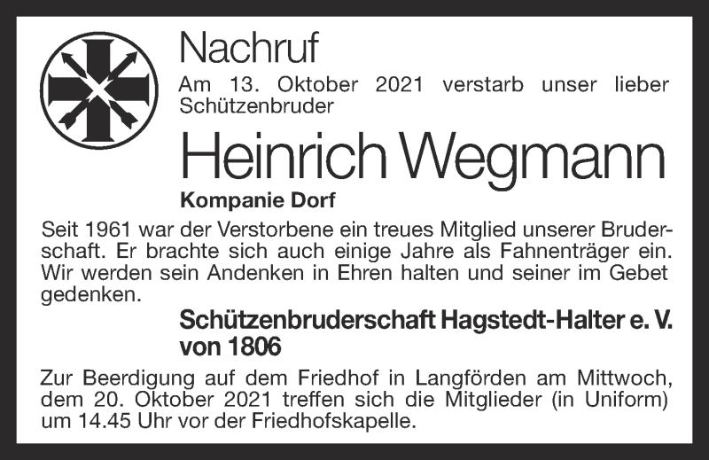  Traueranzeige für Heinrich Wegmann vom 16.10.2021 aus OM-Medien
