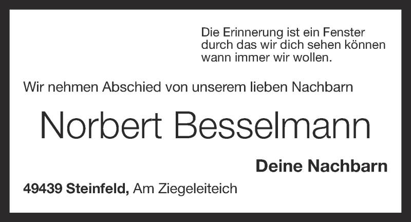  Traueranzeige für Norbert Besselmann vom 12.10.2021 aus OM-Medien