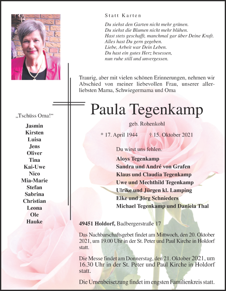  Traueranzeige für Paula Tegenkamp vom 18.10.2021 aus OM-Medien