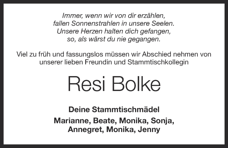  Traueranzeige für Theresia Resi Bolke vom 24.11.2021 aus OM-Medien