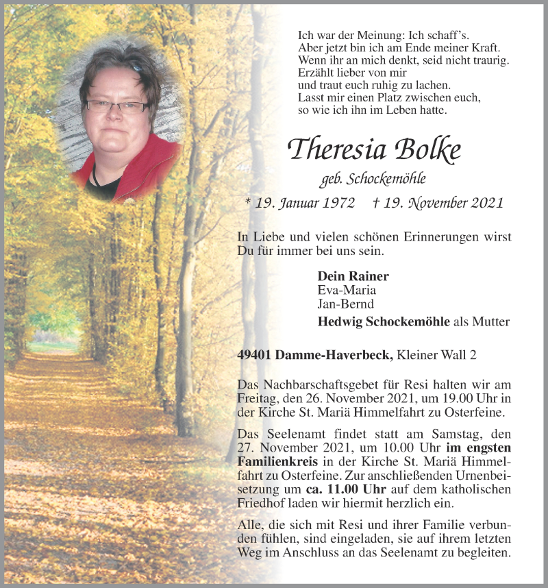  Traueranzeige für Theresia Resi Bolke vom 23.11.2021 aus OM-Medien