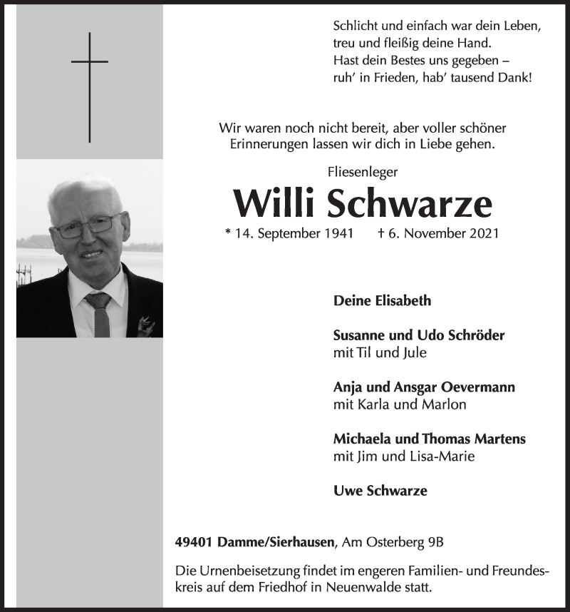  Traueranzeige für Willi Schwarze vom 09.11.2021 aus OM-Medien