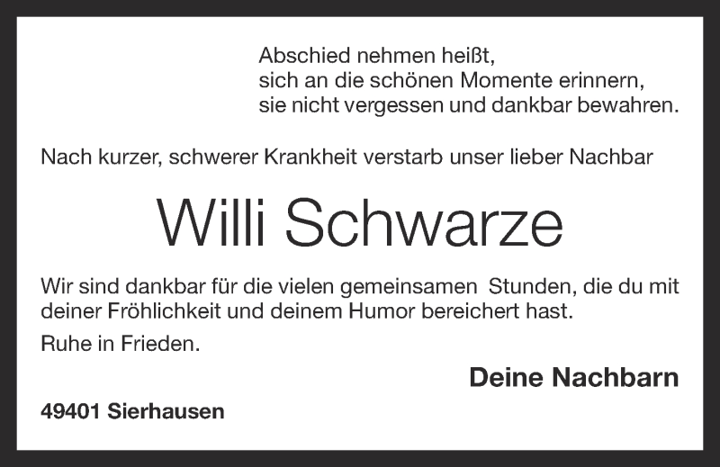  Traueranzeige für Willi Schwarze vom 10.11.2021 aus OM-Medien