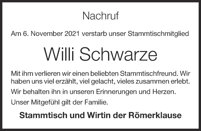  Traueranzeige für Willi Schwarze vom 10.11.2021 aus OM-Medien