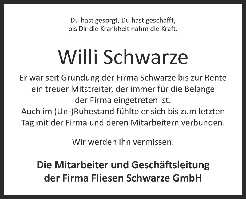  Traueranzeige für Willi Schwarze vom 13.11.2021 aus OM-Medien