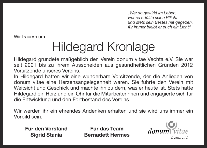  Traueranzeige für Hildegard Kronlage vom 14.12.2021 aus OM-Medien