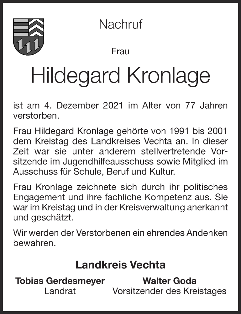  Traueranzeige für Hildegard Kronlage vom 14.12.2021 aus OM-Medien