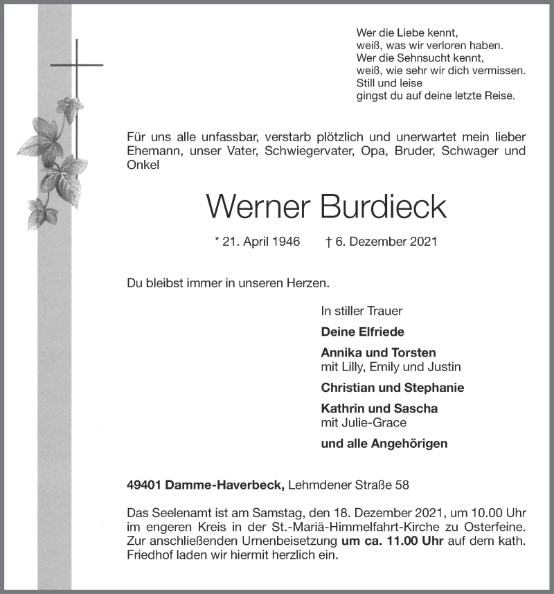  Traueranzeige für Werner Burdieck vom 11.12.2021 aus OM-Medien
