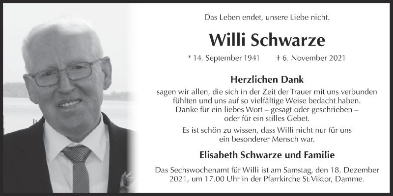  Traueranzeige für Willi Schwarze vom 17.12.2021 aus OM-Medien