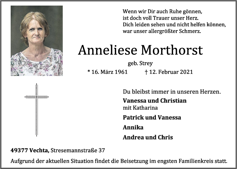  Traueranzeige für Anneliese Morthorst vom 17.02.2021 aus OM-Medien