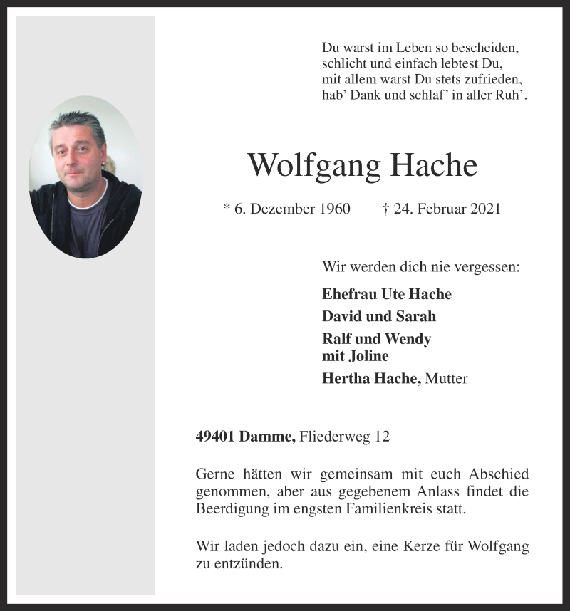  Traueranzeige für Wolfgang Hache vom 27.02.2021 aus OM-Medien