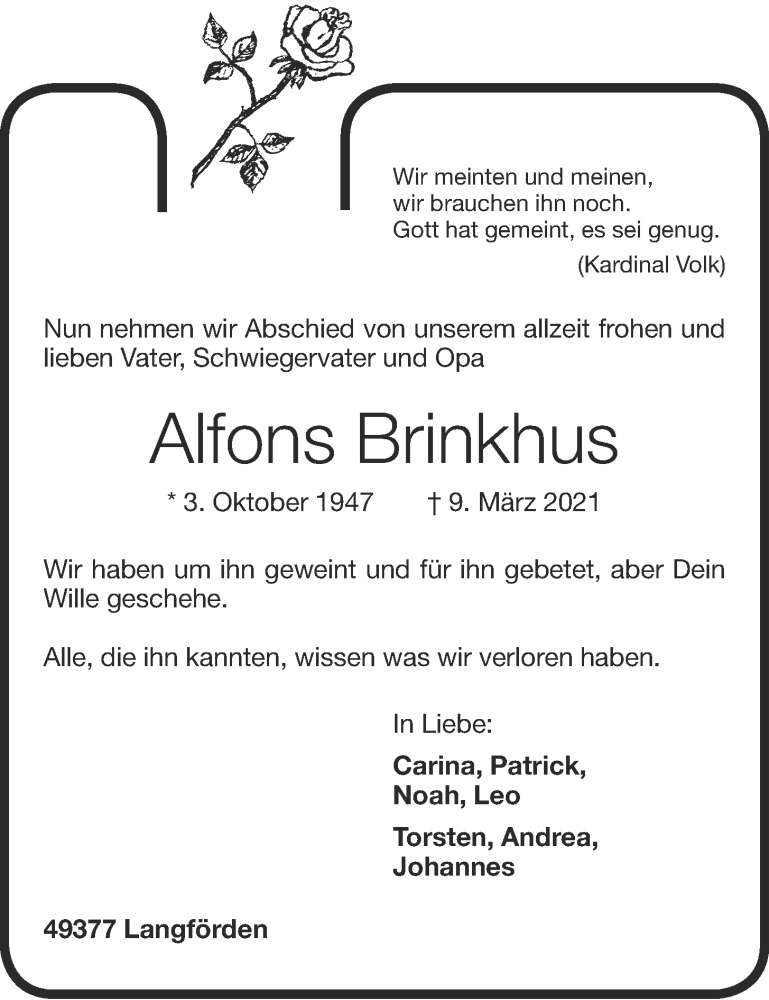  Traueranzeige für Alfons Brinkhus vom 11.03.2021 aus OM-Medien