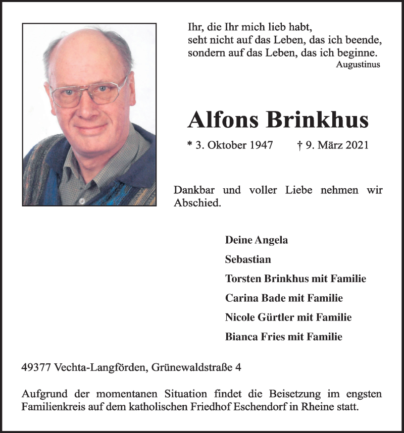  Traueranzeige für Alfons Brinkhus vom 17.03.2021 aus OM-Medien