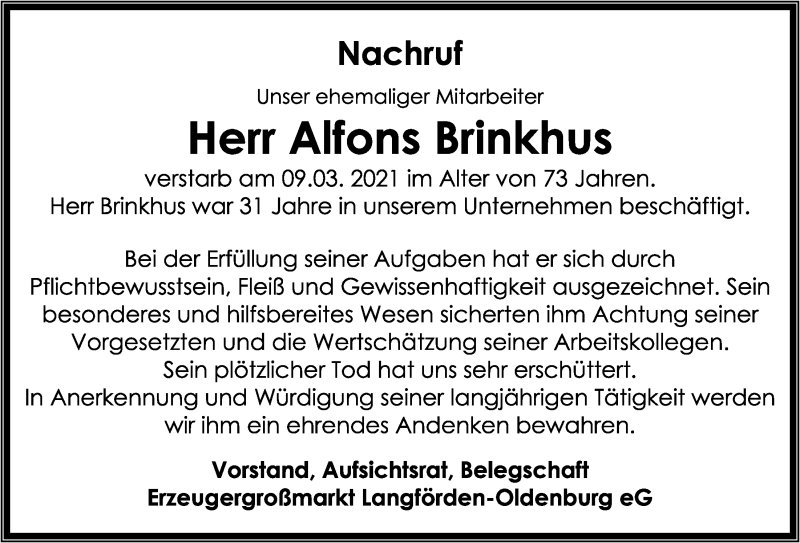  Traueranzeige für Alfons Brinkhus vom 13.03.2021 aus OM-Medien