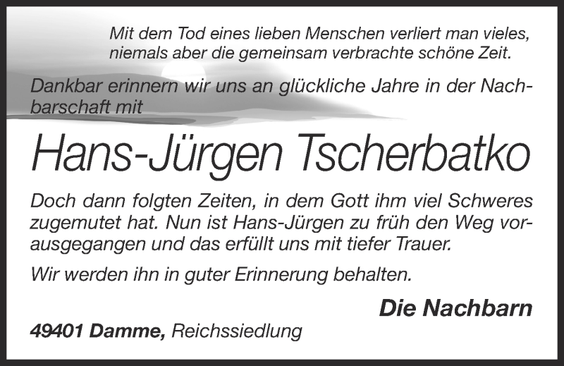  Traueranzeige für Hans-Jürgen Tscherbatko vom 22.03.2021 aus OM-Medien