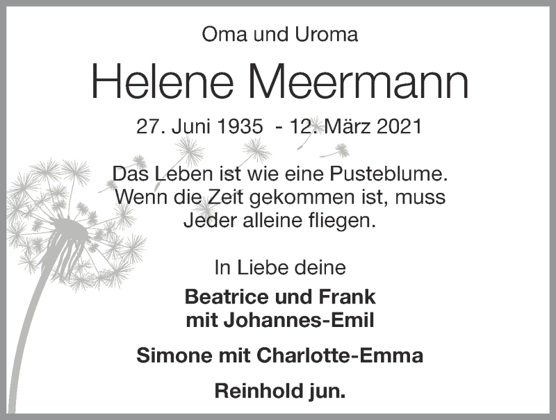  Traueranzeige für Helene Meermann vom 15.03.2021 aus OM-Medien