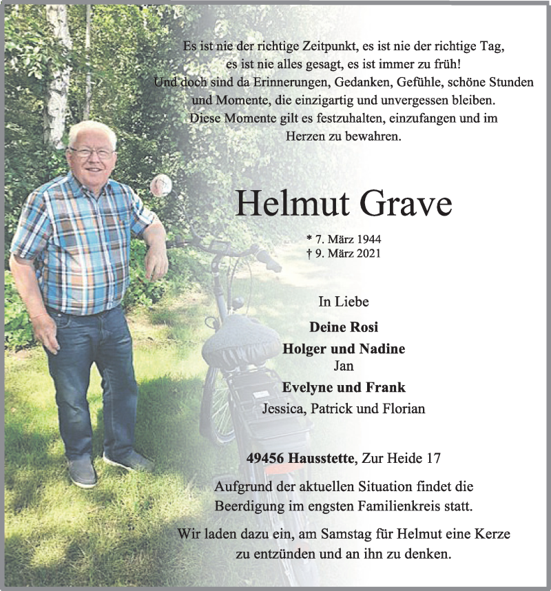  Traueranzeige für Helmut Grave vom 11.03.2021 aus OM-Medien