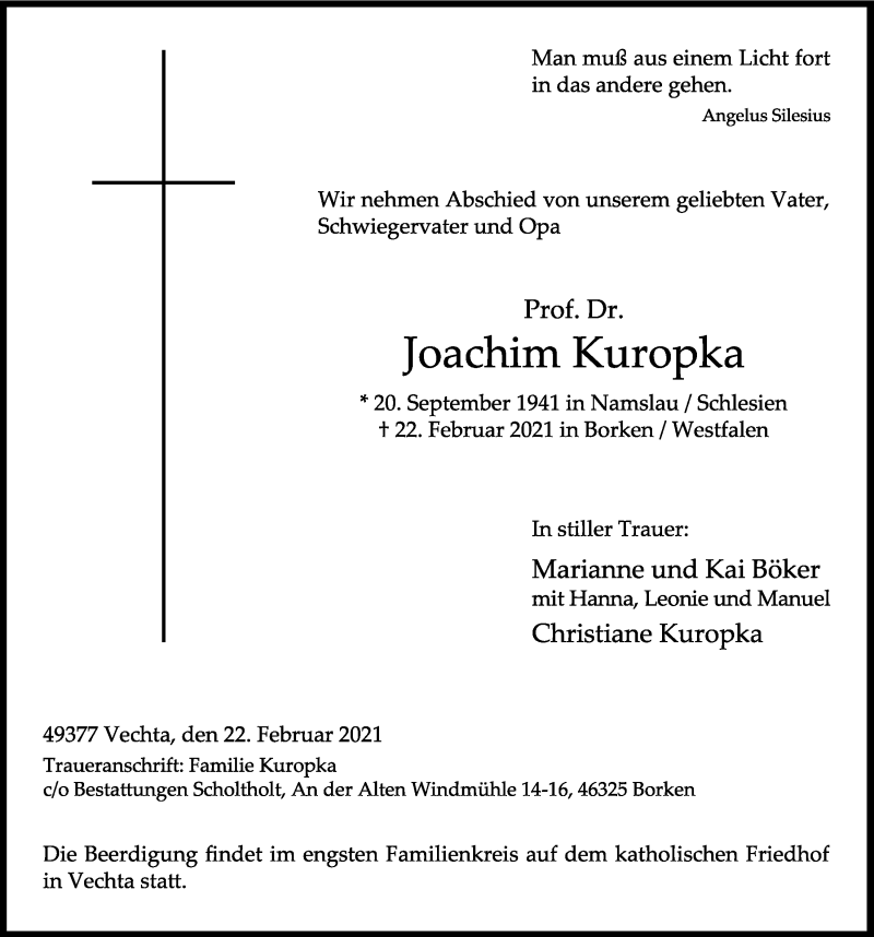 Traueranzeige für Joachim Kuropka vom 01.03.2021 aus OM-Medien