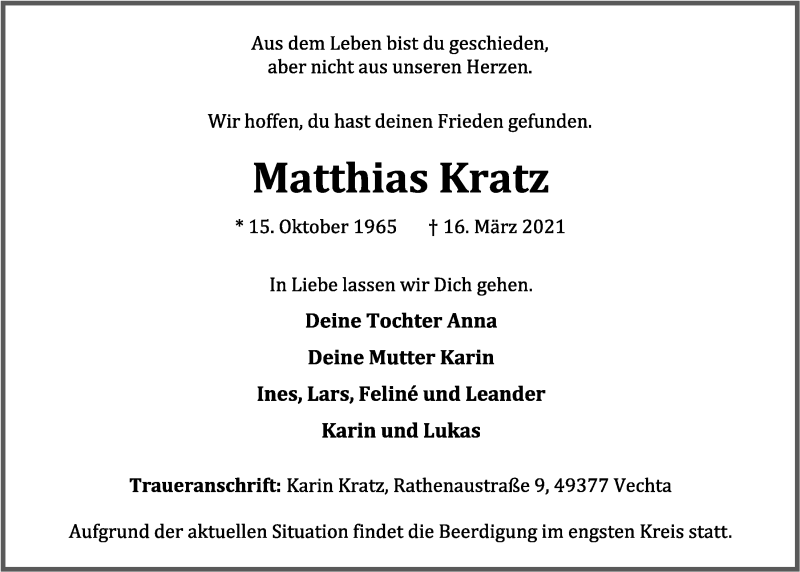  Traueranzeige für Matthias Kratz vom 20.03.2021 aus OM-Medien