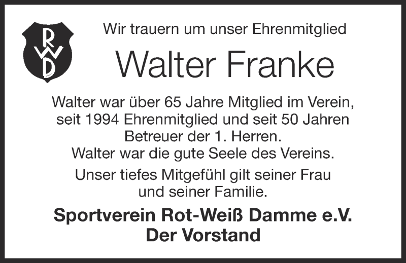  Traueranzeige für Walter Franke vom 11.03.2021 aus OM-Medien