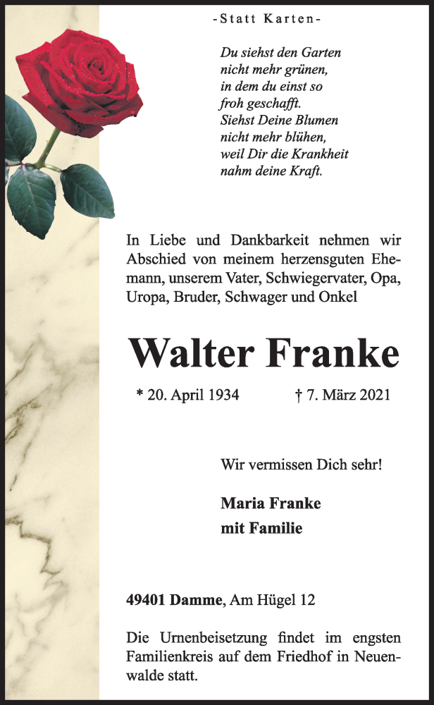  Traueranzeige für Walter Franke vom 11.03.2021 aus OM-Medien