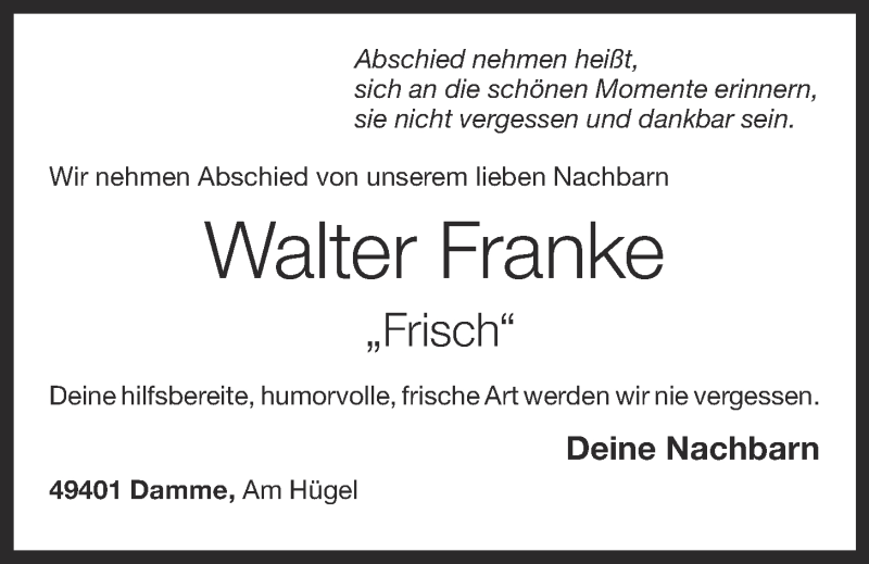  Traueranzeige für Walter Franke vom 12.03.2021 aus OM-Medien
