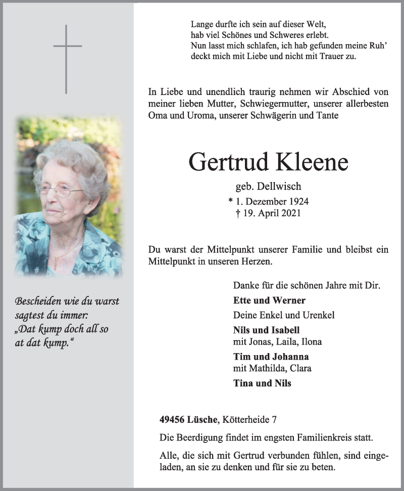  Traueranzeige für Gertrud Kleene vom 21.04.2021 aus OM-Medien