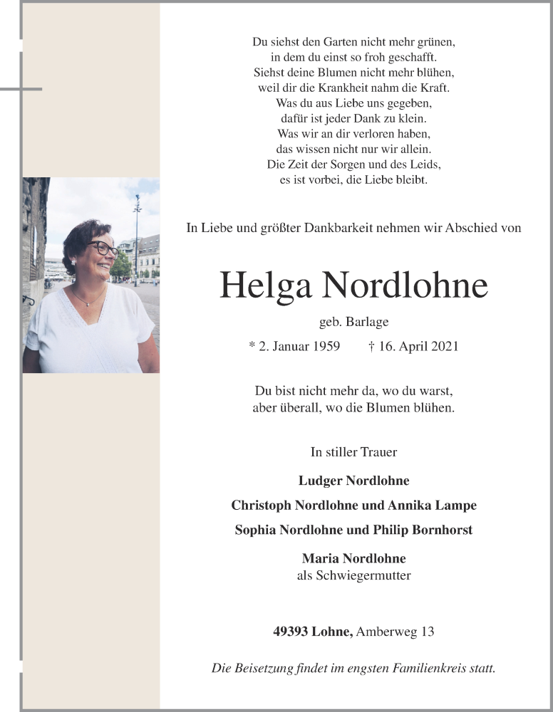  Traueranzeige für Helga Nordlohne vom 19.04.2021 aus OM-Medien