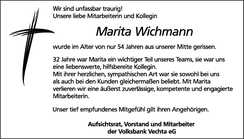  Traueranzeige für Marita Wichmann vom 16.04.2021 aus OM-Medien