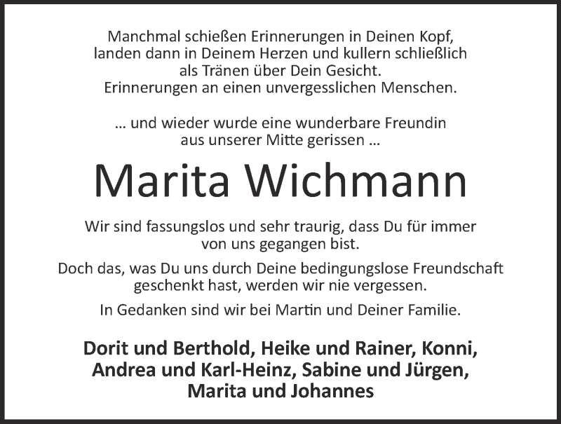  Traueranzeige für Marita Wichmann vom 17.04.2021 aus OM-Medien