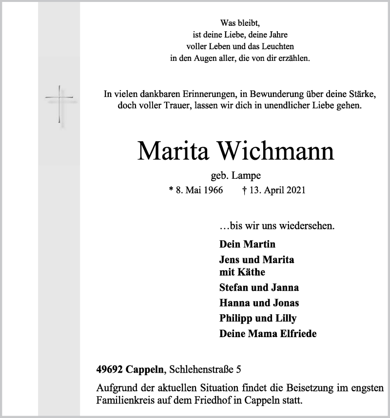  Traueranzeige für Marita Wichmann vom 15.04.2021 aus OM-Medien