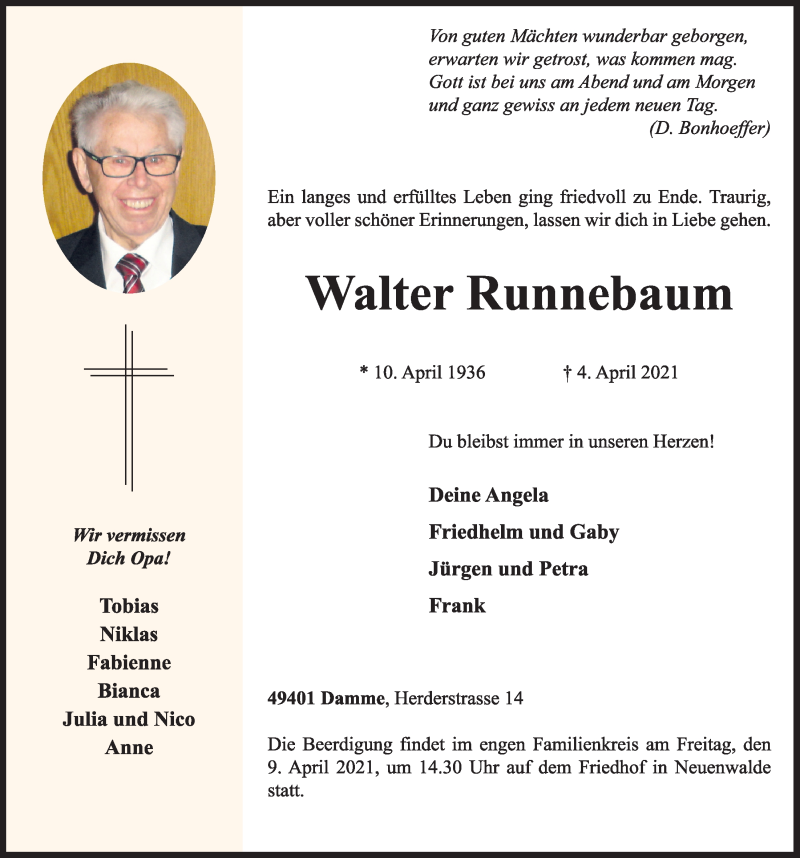  Traueranzeige für Walter Runnebaum vom 06.04.2021 aus OM-Medien