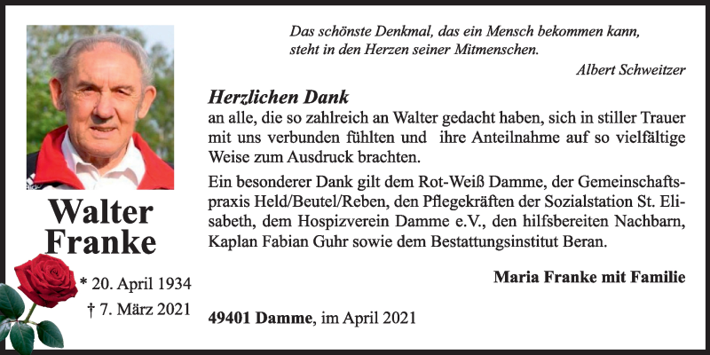  Traueranzeige für Walter Franke vom 03.04.2021 aus OM-Medien