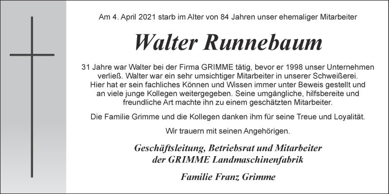  Traueranzeige für Walter Runnebaum vom 09.04.2021 aus OM-Medien