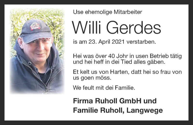  Traueranzeige für Willi Gerdes vom 27.04.2021 aus OM-Medien