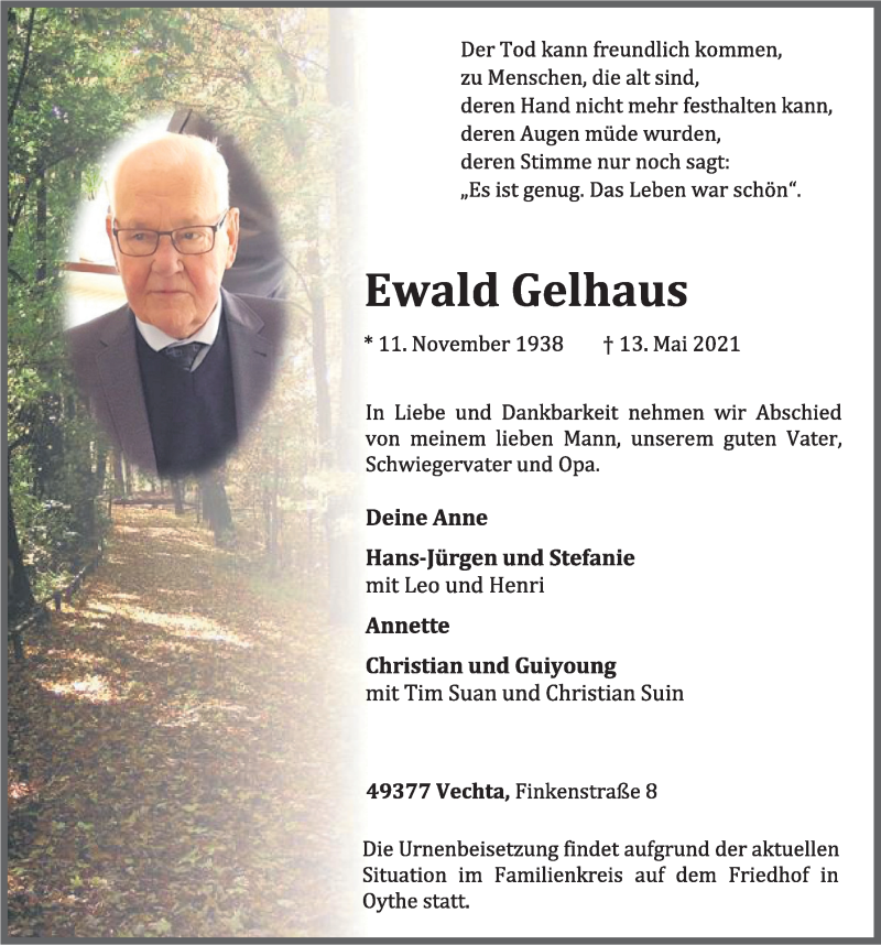  Traueranzeige für Ewald Gelhaus vom 17.05.2021 aus OM-Medien