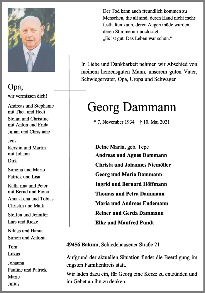  Traueranzeige für Georg Dammann vom 12.05.2021 aus OM-Medien