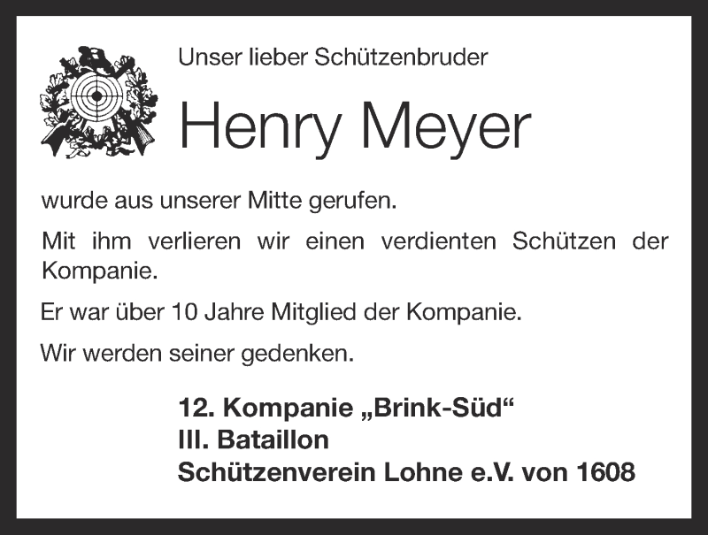  Traueranzeige für Henry Meyer vom 12.05.2021 aus OM-Medien