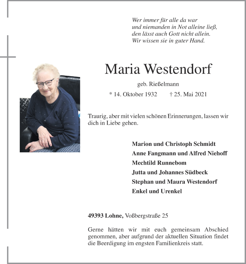  Traueranzeige für Maria Westendorf vom 26.05.2021 aus OM-Medien
