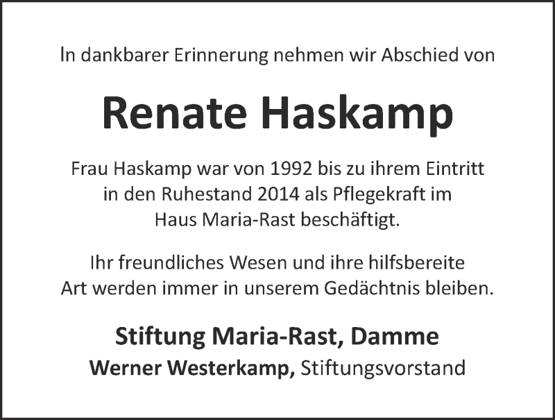  Traueranzeige für Renate Haskamp vom 15.05.2021 aus OM-Medien