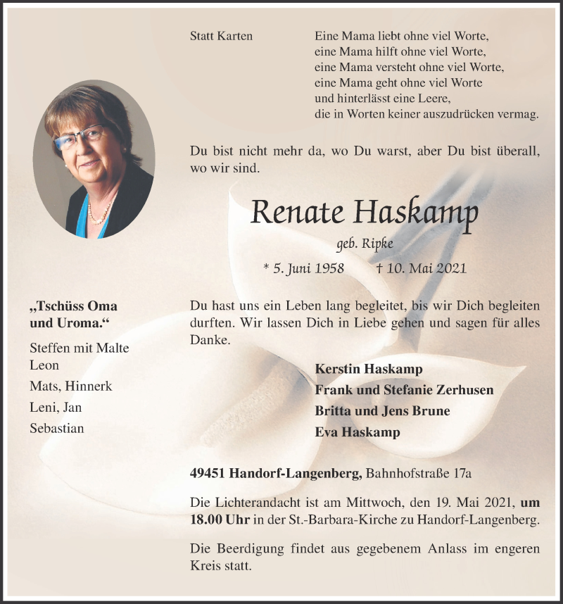  Traueranzeige für Renate Haskamp vom 15.05.2021 aus OM-Medien