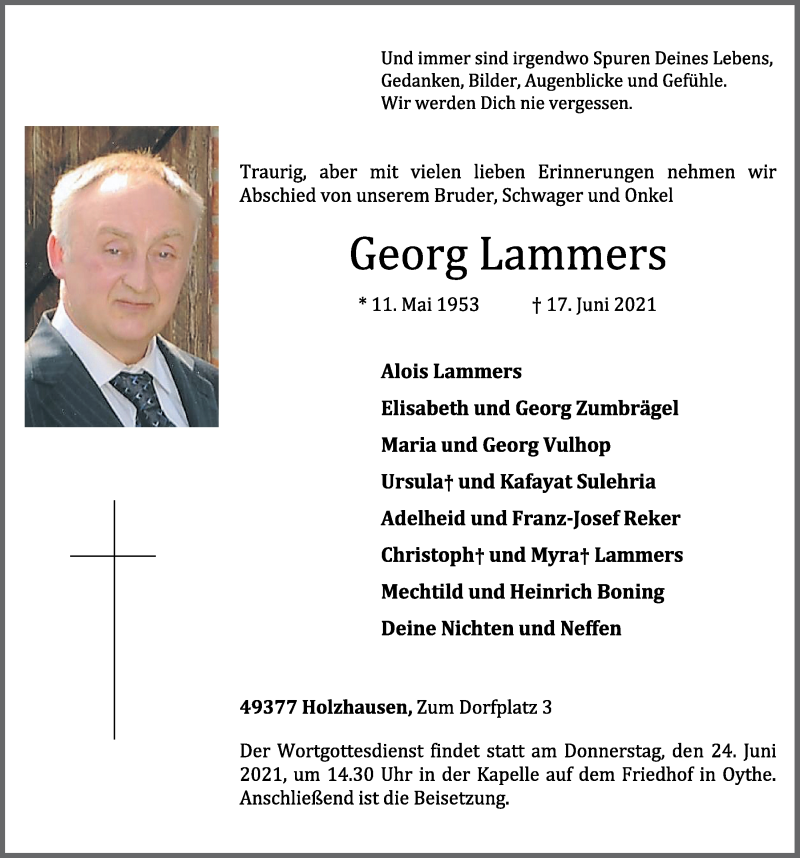  Traueranzeige für Georg Lammers vom 21.06.2021 aus OM-Medien