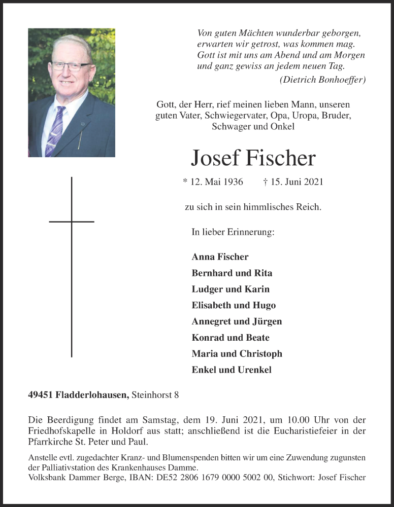  Traueranzeige für Josef Fischer vom 17.06.2021 aus OM-Medien