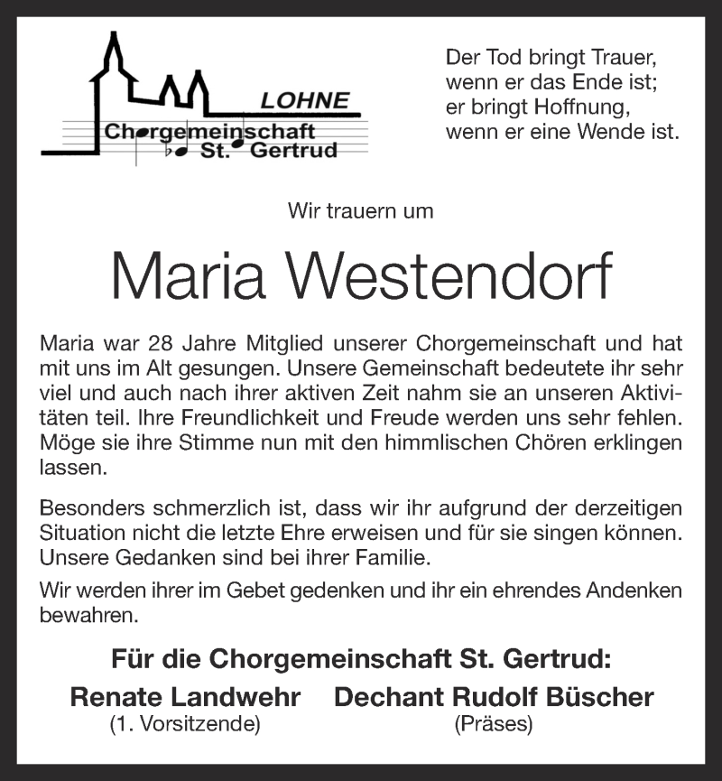  Traueranzeige für Maria Westendorf vom 01.06.2021 aus OM-Medien