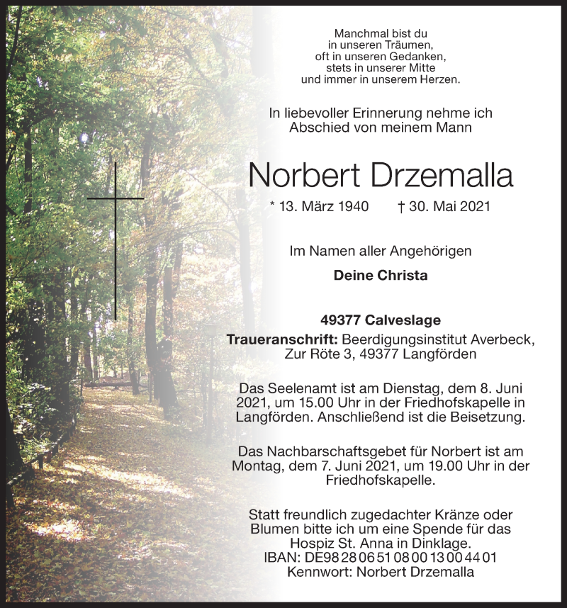  Traueranzeige für Norbert Drzemalla vom 04.06.2021 aus OM-Medien